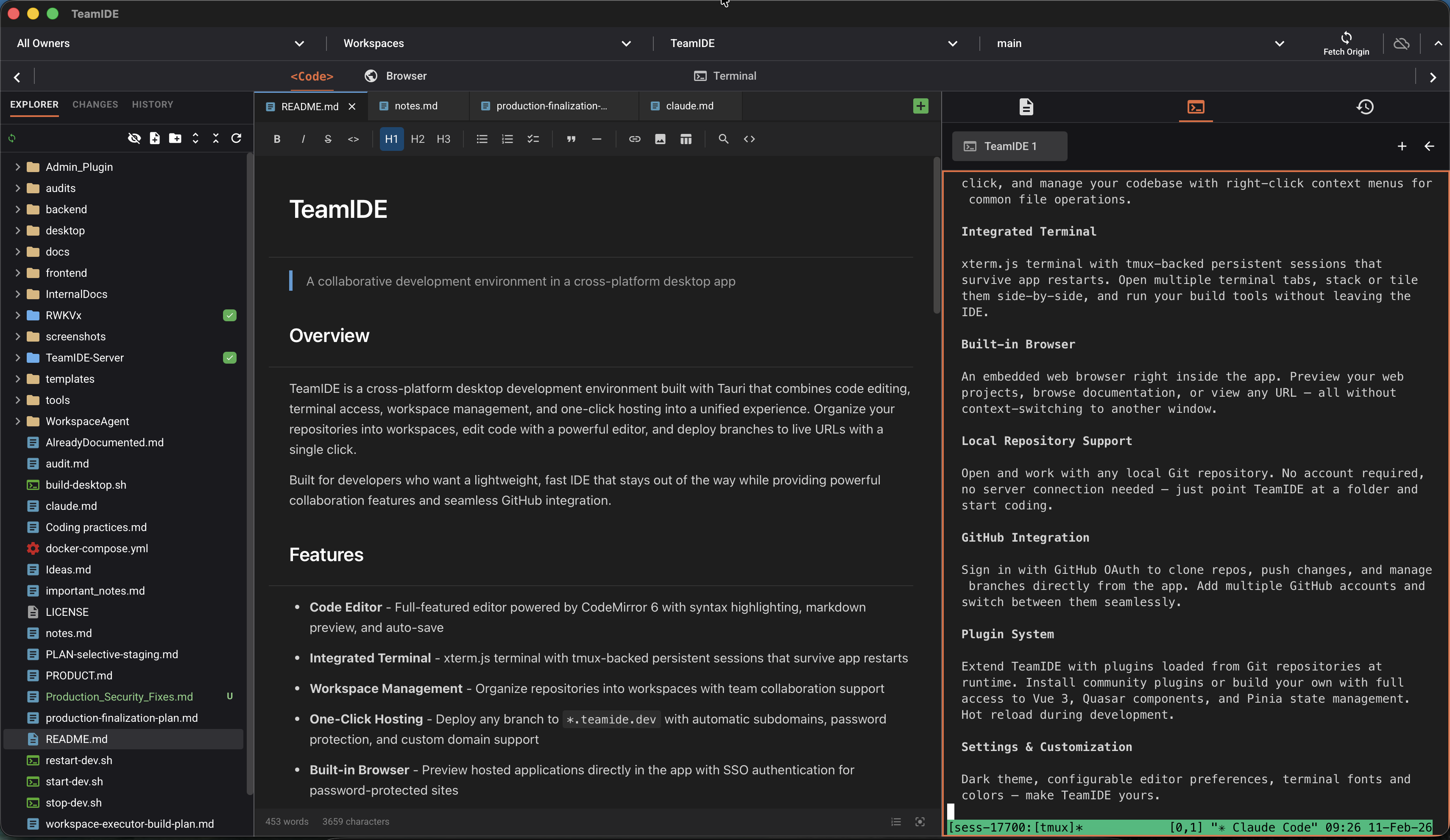 TeamIDE - Code editor, terminal, and browser in one window